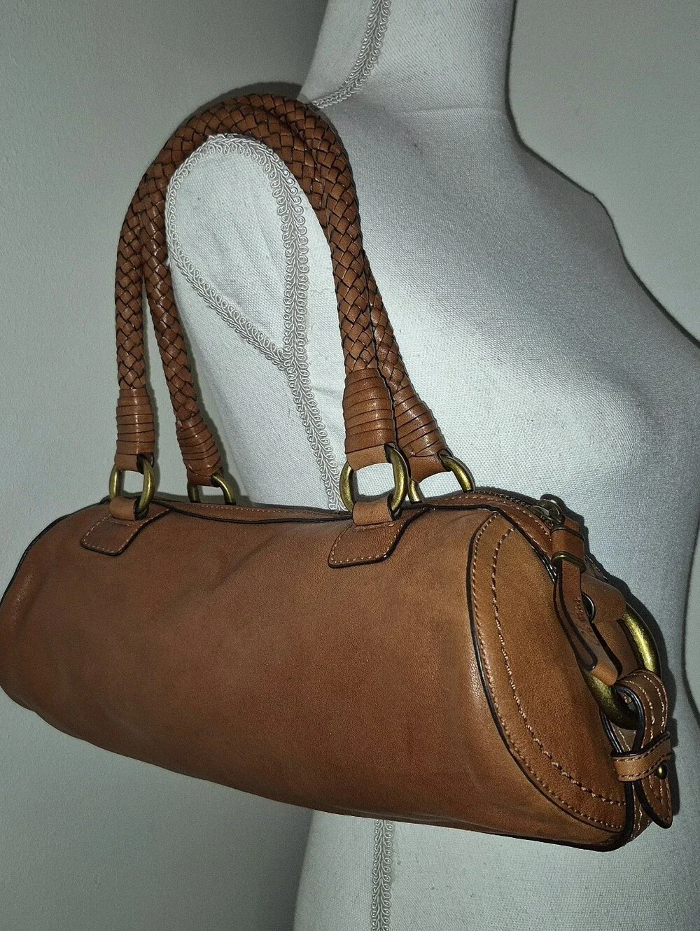 🔥Mint! Cole Haan Cognac Premium Leather Barrel Bag Braided Straps Brass Rings